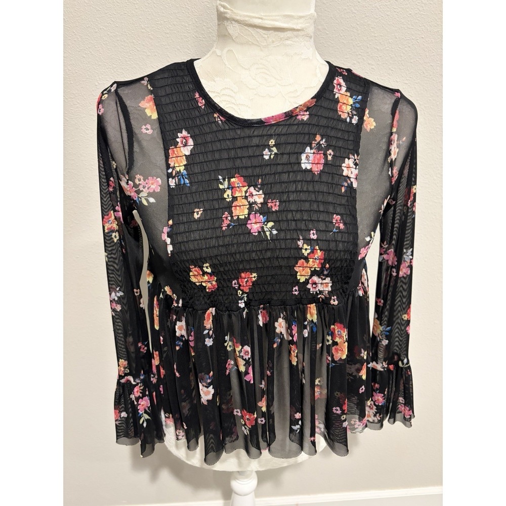 ARIZONA JEAN CO Black Floral Mesh Crop Top~M~Y2K Sheer Trumpet Slvs Whimsigoth